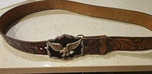 Cinturón de cuero Western Tooled de colección talla 38-marrón floral con hebilla de águila de peltre 1997 - Imagen 1 de 8