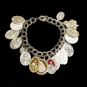 **Vintage Upcycled Silver Tone Religious Christian Charm Bracelet Saints Mary** - Picture 1 of 9