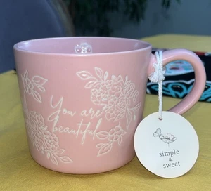 "You Are Beautiful" Rosa Weiß Blumen Keramik Kaffeebecher Teetasse Global Design - Bild 1 von 7