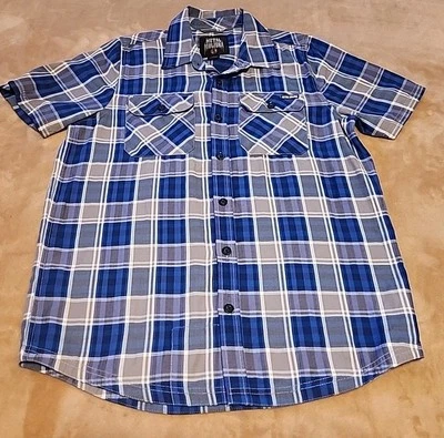 Metal Mulisha Hombre Camisa Botón PEQUEÑA Azul Gris Manga Corta Bolsillos Foto 1 de 4