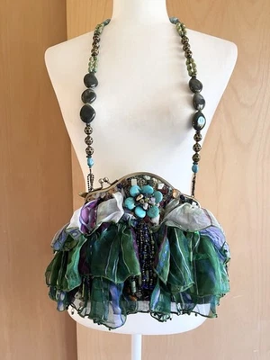 Mary Frances Bohemian Ruffle Bag Silk Fabric Faux Turquoise Stones Beaded New - Image 1 of 4