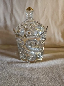 Glass Gold Trim Covered Sugar Bowl with Lid Round Dish Swirl Pattern - Picture 1 of 5