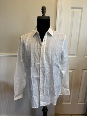 Рубашка мужская Orlebar коричневая белая на пуговицах размер M 100% лен - Изображение 1 из 4