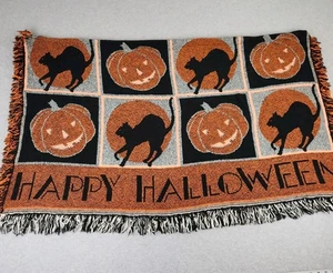 Vintage Fieldcrest Halloween gewebter Wandteppich Decke Überwurf groß 50x60 Kürbisse Katzen - Bild 1 von 6