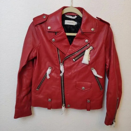 NUOVA SENZA ETICHETTE COACH 1941 Giacca Moto Pelle Agnello Rosso