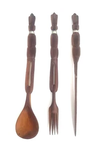 VTG 1950s AFRICAN HAND CARVED WOODEN SERVING FORK KNIFE & SPOON TIKI 14" TALL - Picture 1 of 6