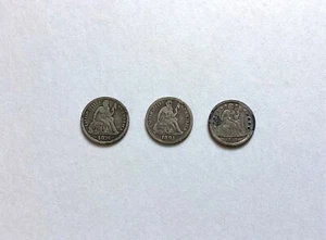 Lot of 3 Seated Dimes 1857, 1876 & 1891 ( 90% silver ) - Picture 1 of 2