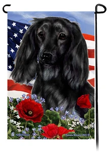 Patriotic Flowers Garden Flag - Longhaired Black Dachshund - Picture 1 of 1