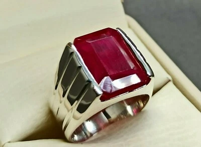 Emerald Cut Deep Red Ruby Sterling Silver 925 Roby Handmade Yakoot Mens Ring - Image 1 of 4