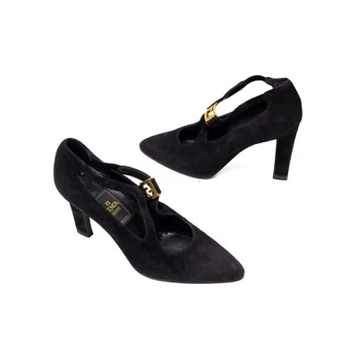 Vintage Fendi Scarpe Black Suede T-Strap Heels with Gold FF Buckle–Size 5.5/EU36 - Image 1 of 4