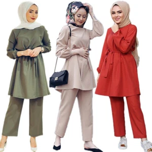 Muslim Women Long Sleeve Tops Blouse Wide Leg Pants Set Abaya Islamic Clothes - Picture 1 of 25