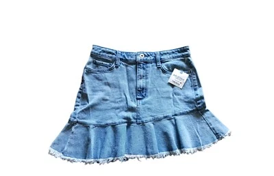 Mini-saia jeans Arizona Jean Co tamanho 9- cintura 28" feminina elástica bainha desgastada azul  - Imagem 1 de 4