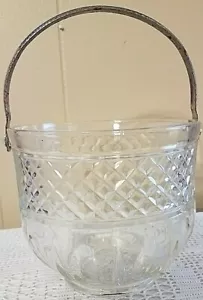 50s Pressed Glass Ice Bucket with Hammered Silver Tone Handle 6" Diameter Vintag - Picture 1 of 7