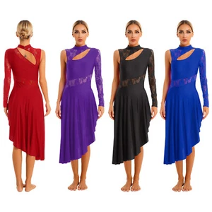 Women Lyrical Lace Mesh Side Split Dance Dress Latin Tango Contemporary Costume - Picture 1 of 33