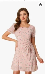 Allegra K Pink S Floral Chiffon Dress Short Sleeve Drawstring Tie Ruched - Picture 1 of 12