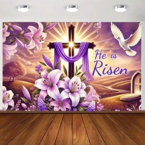 Easter Backdrop He Is Risen Banner Spring Cross Lilies Photography Background... - Picture 1 of 7