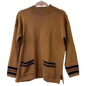 Suburbans Vtg Womens Sz Small Tan Wool Blend Mock Neck Sweater Old Money Buttons - Picture 1 of 6