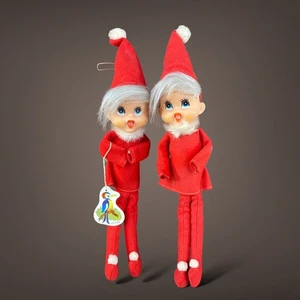 TWO Herman Pecker Japan Christmas Elves Felt Dolls 1960s Midcentury Vintage - Picture 1 of 10