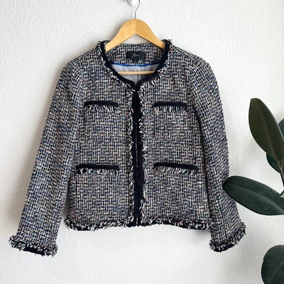 Chaqueta Blazer J Crew Mujer Dama Tweed 4 Clásica Preppy Multicolor Borde con Flecos Foto 1 de 4