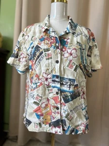 Woman's sz Large/XLarge Cream Print Hawaiian SHIRT Caribbean Joe Tropical Top - Picture 1 of 3