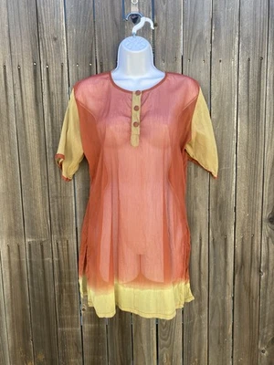 Top túnica vintage boho de nailon transparente de dos tonos / Kurta en naranja quemado / verde militar Foto 1 de 4