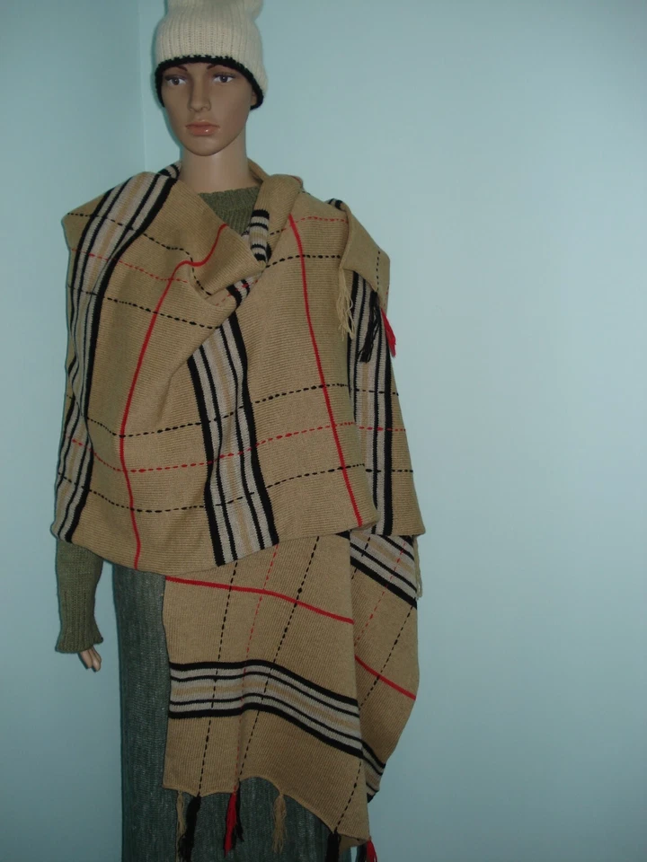 Bufanda de seda Merino/cachemira tejida a mano beige/negro/rojo 8F de largo (hecha a pedido) Foto 1 de 4