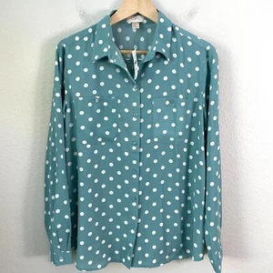 NEW $44 LOFT Womens Medium Seafoam Polka Dot Button Up Blouse Long Sleeve Shirt - Picture 1 of 8