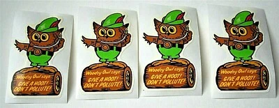 Juego de 4 Woodsy The Owl Give A Hoot Don't Contalute! Pegatinas años 90 nuevas NOS Foto 1 de 3