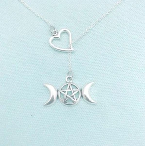 Collar I Love Wicca Triple Luna Hecho a Mano Plata Antigua Estilo Lariat Y. - Imagen 1 de 3