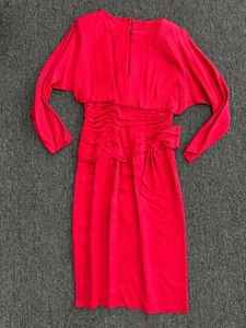 Vintage Dress Womens Size S/M Red Silky Long Sleeve 80s 90s Ruched Waist Bow - Picture 1 of 5