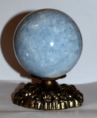Celestite Crystal Ball Sphere Orb Natural Blue 3 lb Large,Cast Bronze Base Stand - Image 1 of 4