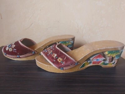 1940s Hand Carved Mules, Heels From The Philippines,  Velvet, Beads Sz 7 - Image 1 of 4