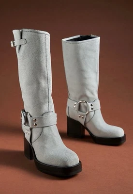 Jeffrey Campbell Anthropologie Tall Harness Boots White Crackle Distress NIB 7.5 - Image 1 of 4