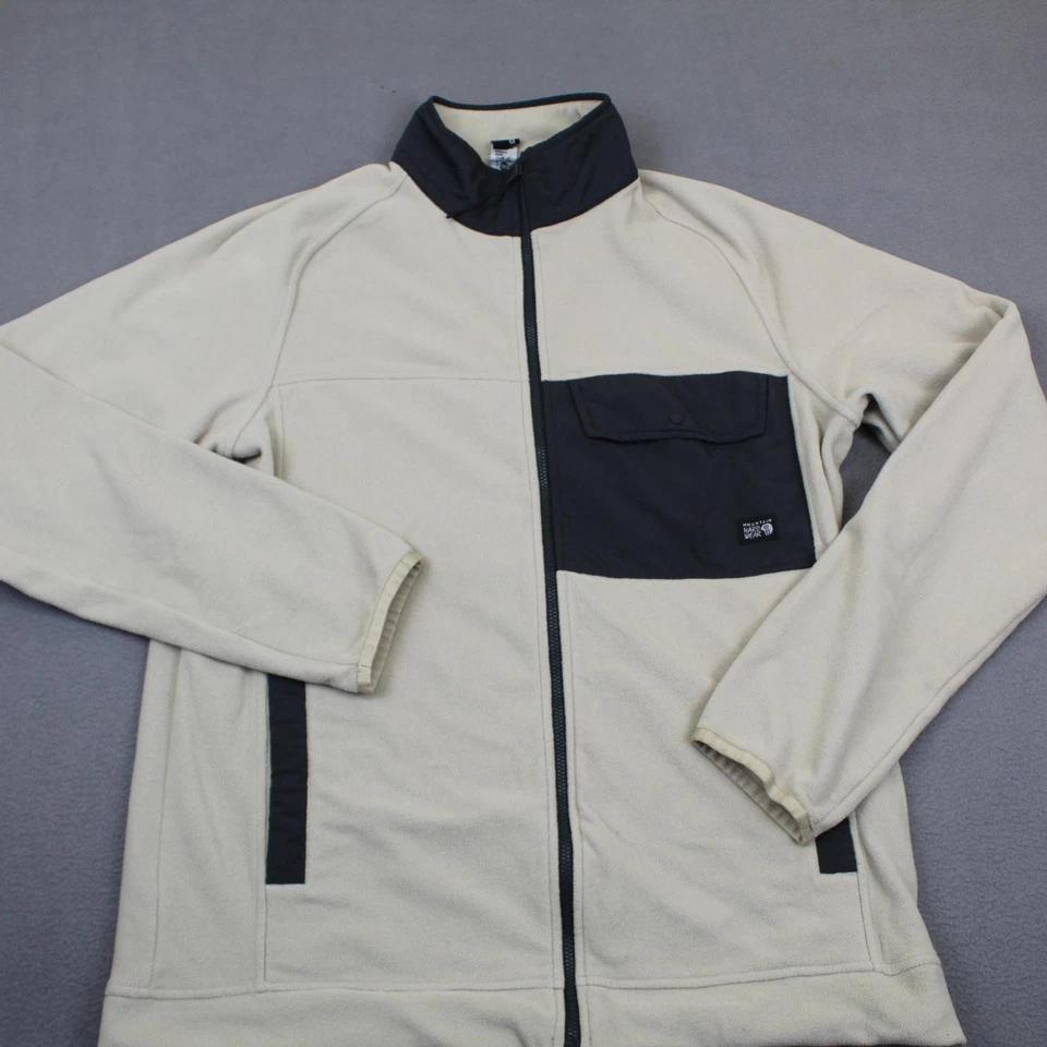 Mountain Hardwear Fleece Jacket Mens Medium Beige Gray Full Zip Chest Pocket - Image 1 of 4
