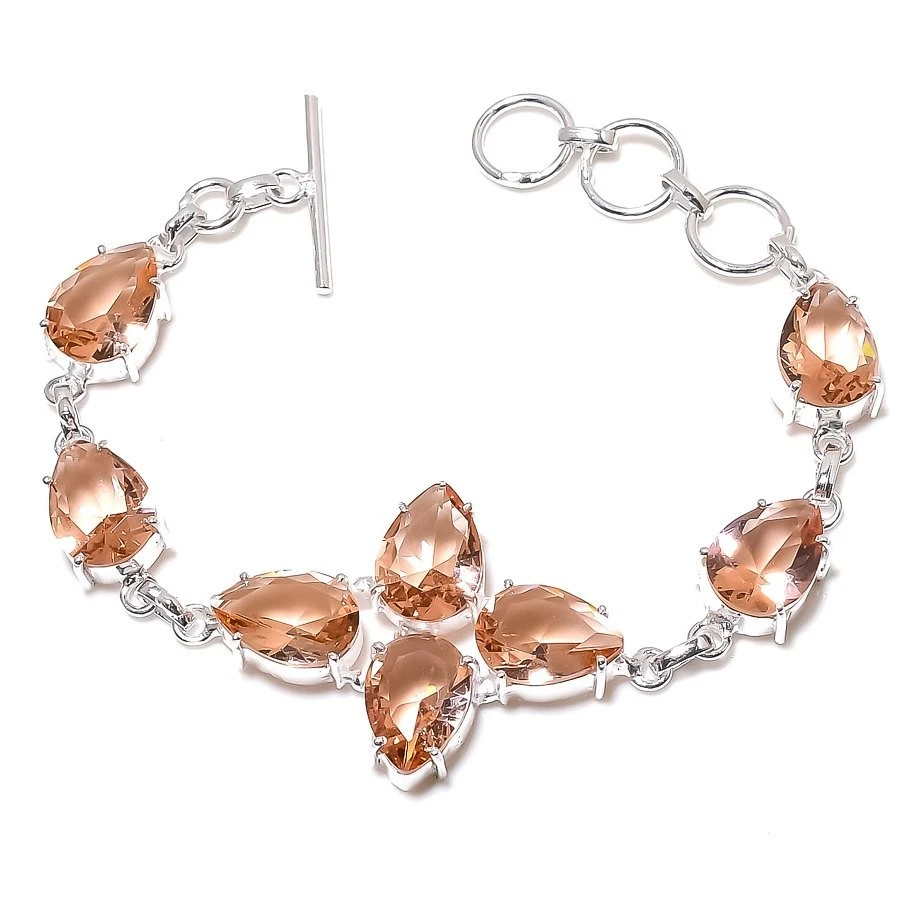 Brazalete de joyería de plata de ley 925 hecho a mano con piedras preciosas de morganita melocotón tamaño 7-8" Foto 1 de 1