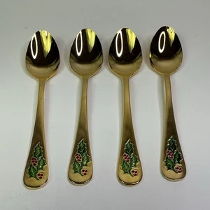 EUC Holly Berry Gold Stainless Flatware 4 teaspoons Replacement Christmas JAPAN - Picture 1 of 4
