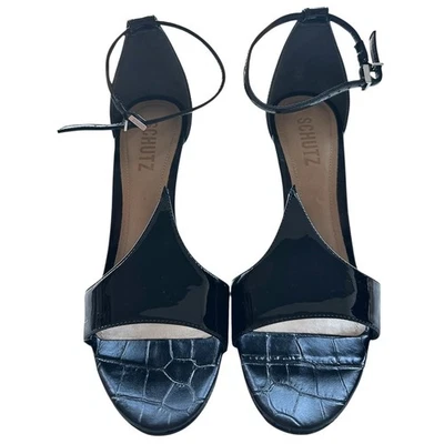 Schutz Black Patent Leather "Carlie" Crocodile Ankle Strap Heels Size 7B USA - Image 1 of 4