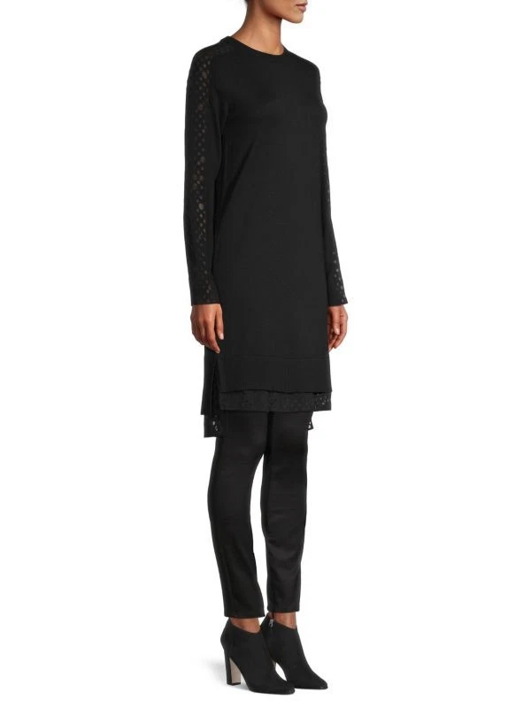 Vestido AKRIS Punto 100% Lana Pequeño Negro Talla 14 Manga Larga, Diseño Corte Láser Usado en Excelente Condición Foto 1 de 4