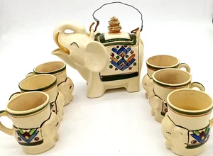 Vintage Hand Painted Good Luck Elephant Pagoda Teapot with Handle and 6 Cups - Picture 1 of 18