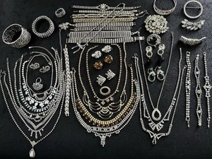 Vintage Rhinestone Costume Jewelry Lot 54pcs Unsigned Estate - Picture 1 of 24
