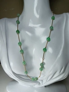 Vintage 17" 14K Yellow Gold 6.5mm Green Jade Station Bar Link Chain Necklace 585 - Picture 1 of 11