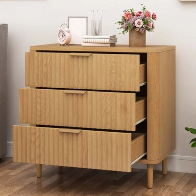 Cómoda moderna de roble natural con 3 cajones armario cómoda panel acanalado Foto 1 de 4