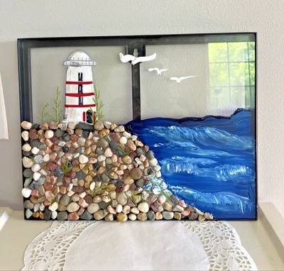 LIGHTHOUSE DECOR, WINDOW PANE ART, STONE ART, GIFT, SEA ART, OCEAN ART, BEACHY - Image 1 of 4