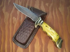 HANDMADE 8.3" DAMASCUS FOLDING KNIFE Back Lock - CAMEL BONE & BRASS BOLSTER/BUTT - Picture 1 of 5
