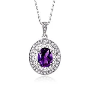 RYLOS Sterling Silver Halo Necklace: Gemstone & Diamond Pendant, 18" Chain 8x6MM - Picture 1 of 28