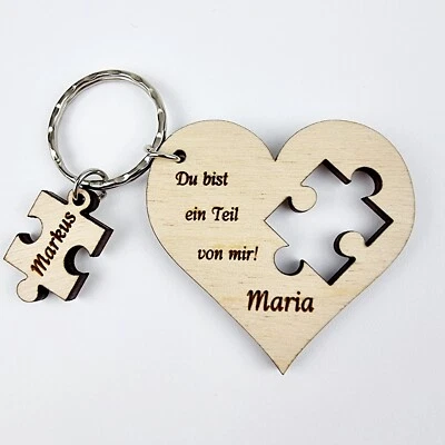 MARKENLOS Partner Schlüsselanhänger mit Namen Gravur Herz Holz Puzzle Geschenk Ideen
