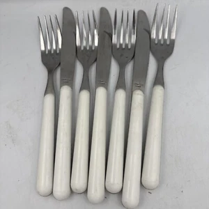 Vintage Gabeln x 4 und Messer x 3 Full Tang Edelstahl Besteck Retro weiße Griffe - Bild 1 von 5