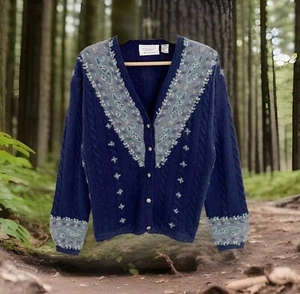 Cárdigan Suéter Vintage Retratos por NORTHERN ISLES Lana Talla L Bordado a Mano - Imagen 1 de 7