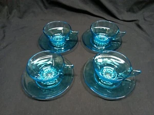 Vintage Set of 4 Hazel Atlas Capri Aqua Blue Glass Teacups & Saucers Set Of 4 - Picture 1 of 11