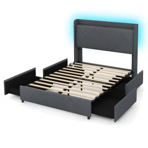 Full Size Bed Frame w/LED Lights Charging Station 2 Storage Pockets & 4 Drawers - Picture 1 of 10